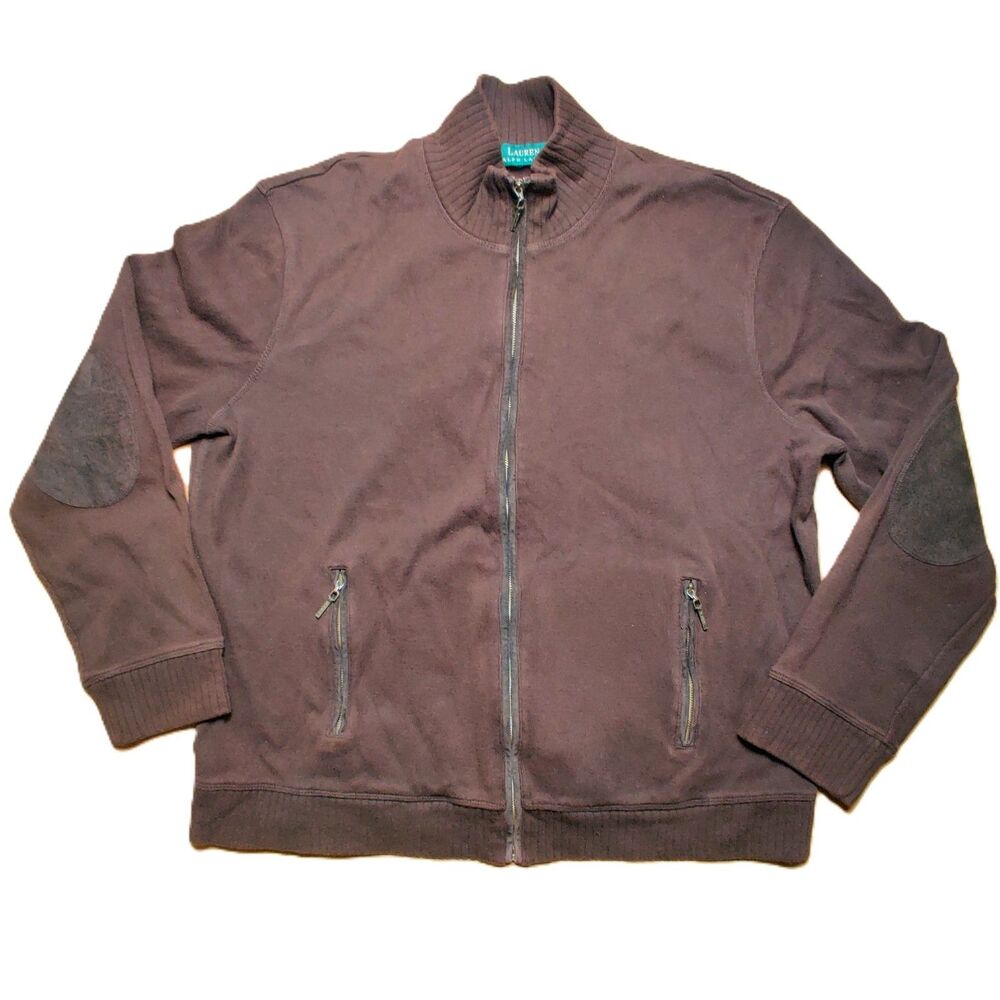 Lauren Ralph Lauren Full Zip Sweater Brown Elbow Patch Men’s Medium